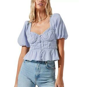 ASTR The Label Clairemont Floral Puff Sleeve Peplum Light Blue Top XS